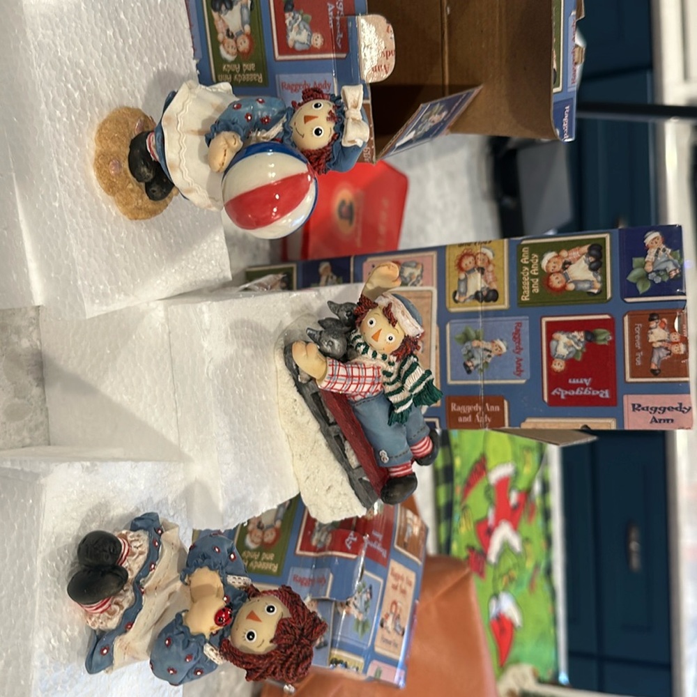 3 raggedy Ann and Andy figurines all new in original boxes ￼
